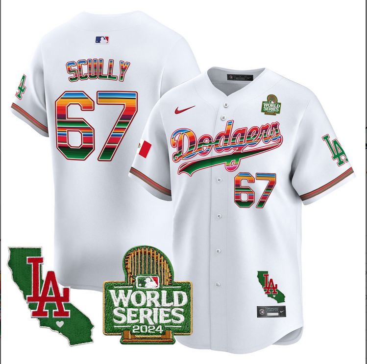 Men MLB Mexico Los Angeles Dodgers #67 Scully white 2024 World Series Champions Patch Jersey 2024110 style 3->los angeles dodgers->MLB Jersey